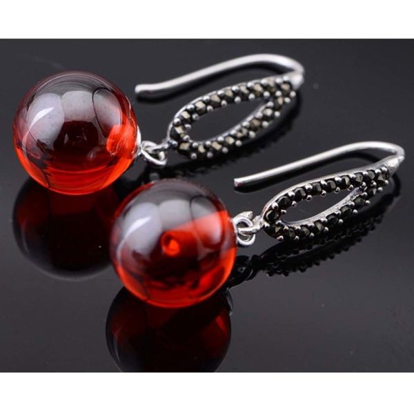 Thai Sterling Silver Marcasite Retro Earrings Synthetic Garnet Bead Drop Earring(053142)
