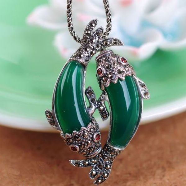 Thai 925 Silver Double Fishes Green Agate Pendant with Sterling Silver Chain (N11066GREEN)