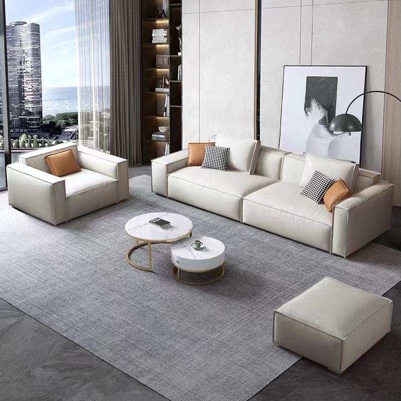 Leather Custom Sofa Bed Straight Row Minimalist Living Room Head Layer Cowhide Caramel Color