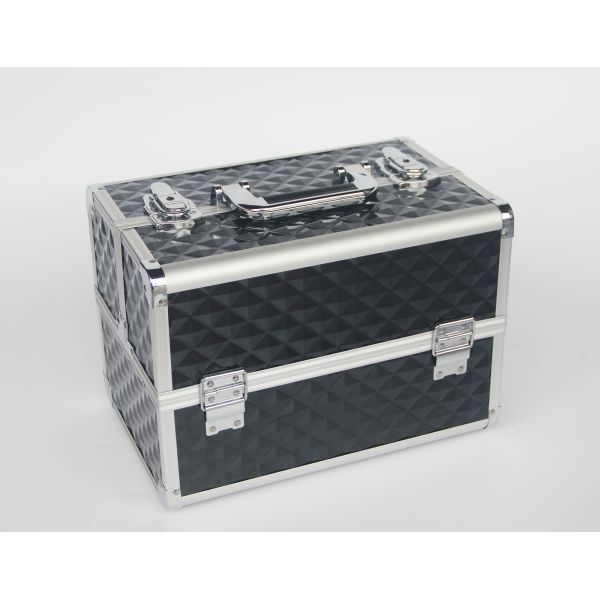 PVC Makeup Case Four Trays Black Aluminum Cosmetic Case With Strong Handle