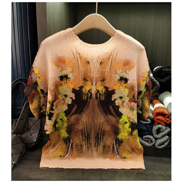 Niche Design Sense Heavy Industry Summer Women's New Neck Bat Sleeve T-shirt Ink Printed Jersey Short Casual Bat Wing Sleeves