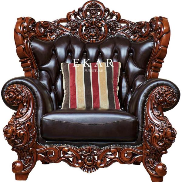 Oak Wooden Carving Design Royal Luxury Living Room 7 Seater Leather Sofa Set