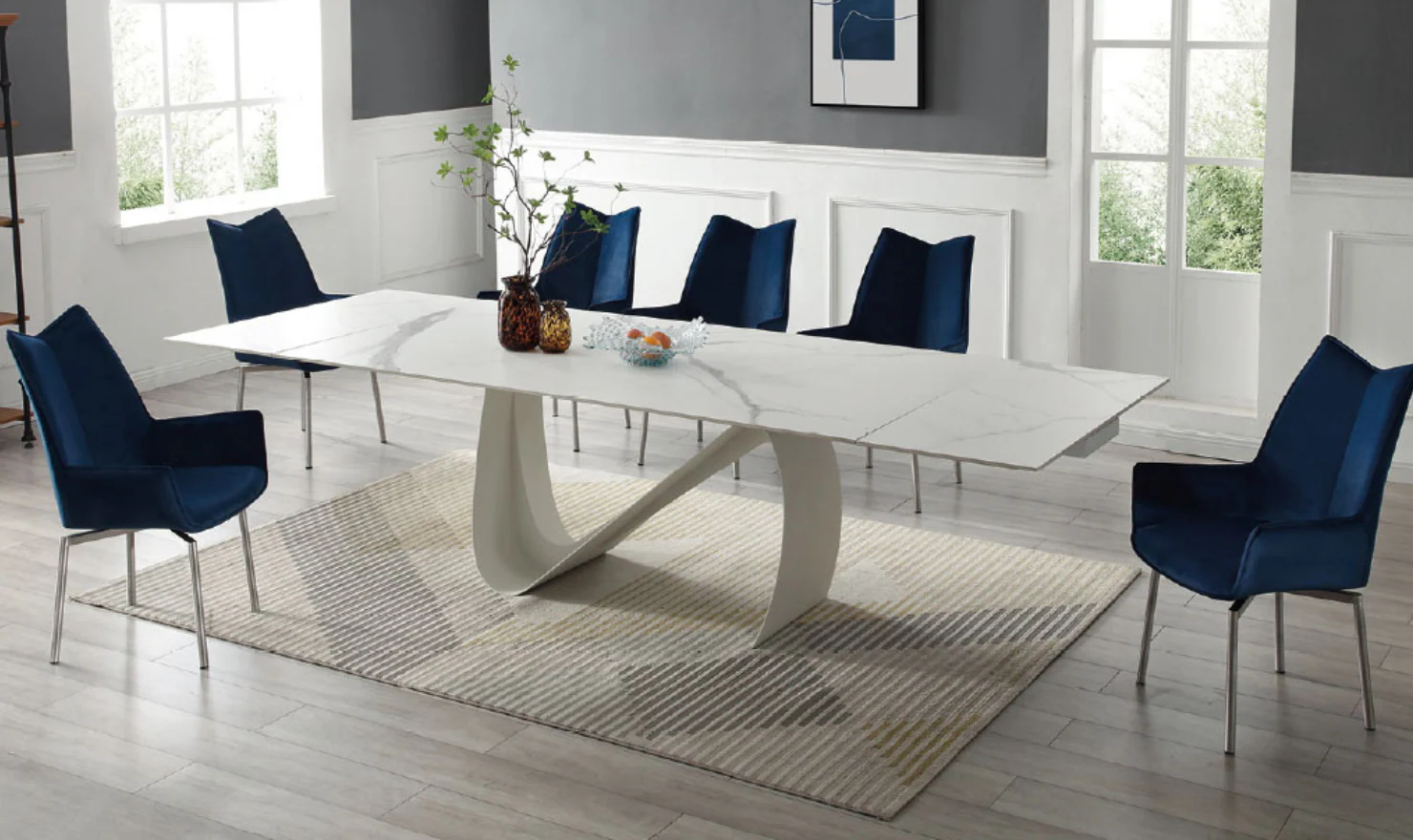 Hot Sales Foshan Factory Nordic Style Big Size Expanding Sintered Stone and Glass Metal Dining Table for Dining Room