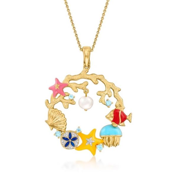Émail multicolore cultivé de perle Topaz Sea Life Pendant Necklace bleu avec Diamond Accents