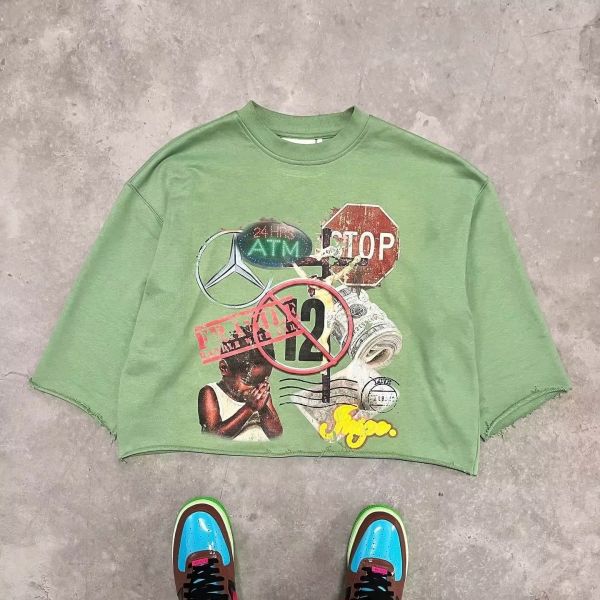 T-shirt pour homme en coupe couleur 100% coton poids lourd imprimé graphique 3/4