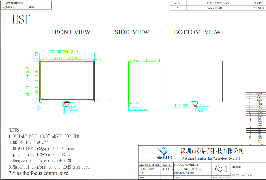 13.3 Inch E-paper Display 960*680 Resolution 24pin Low Power Consumption E-Ink Screen