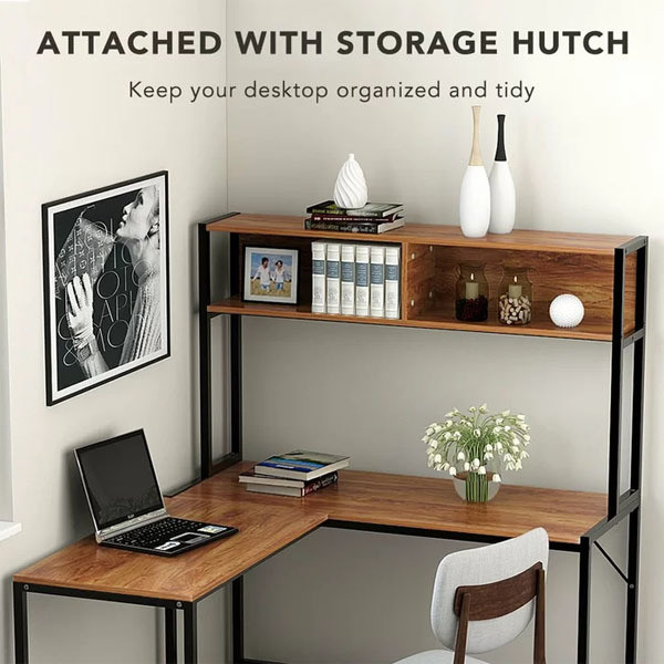 Student Gaming Writing Working Station Lavin L-Shaped Desk with Hutch in Vintage Walnut