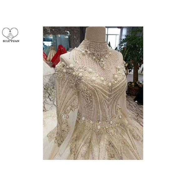 High Neck Ivory Ball Gown Wedding Dress Backless Long Sleeve Gold Beading