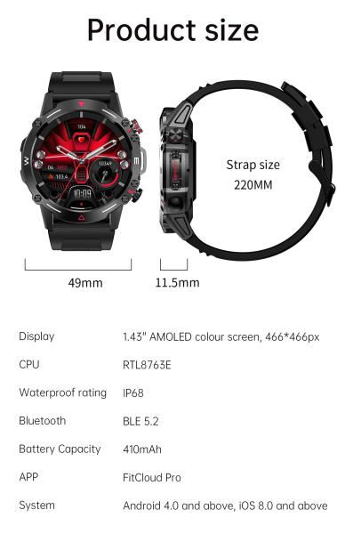 1.43 pulgadas HK87 Smart Watch 410mAh Batería AMOLED NFC Monitor de ECG