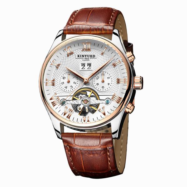 KINYUED Hot Sale Men Tourbillon Automatic Mechanical Watch Leather Strap Date Week Month