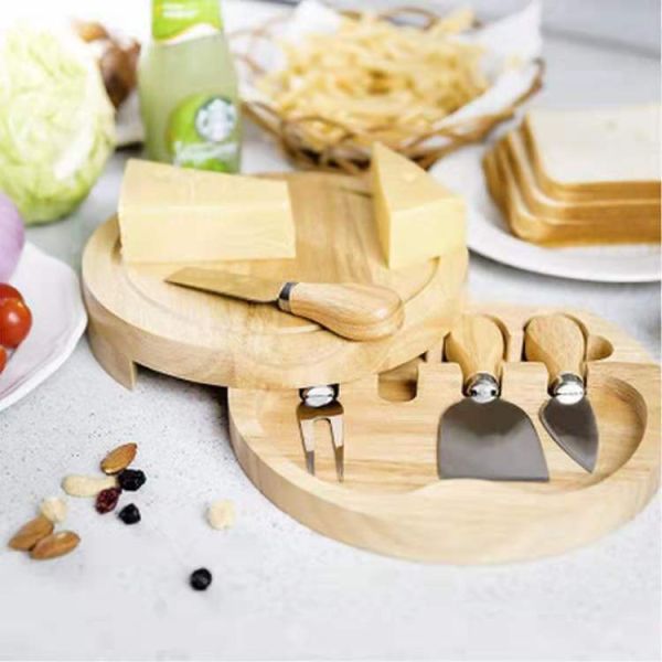 Small Bamboo Meat Charcuterie Cheese Board with Knives Custom Logo Round Pizza Stands