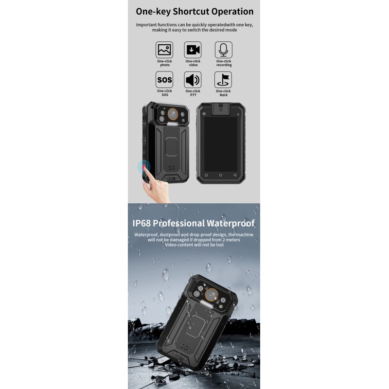 Mini 5G Body Worn Camera Android 13.0 System 4K HD Video 3.1'' Touch Screen IP68 Waterproof Security Camera with Wifi GPS BT
