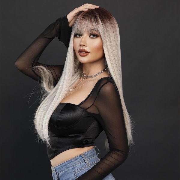 Fashion Long Straight Dark Root Hair Blonde Synthetic Wigs For Women