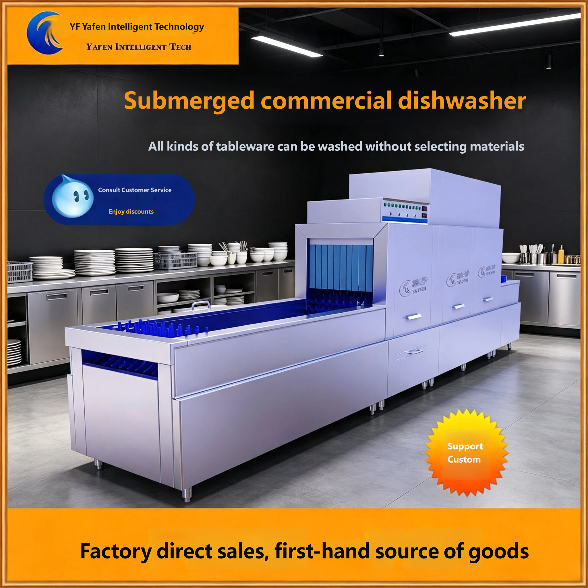 Semi-submersible commercial dishwasher fully automatic tunnel production line equipped with soaking pre-rinse tank, 304 stainless steel body, integrated washing, rinsing, disinfecting and drying funct