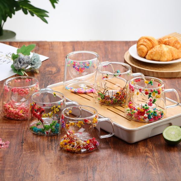 High Borosilicate Glass Cup Double Wall Dry Flower Glass Coffee Mug Heat Resistant