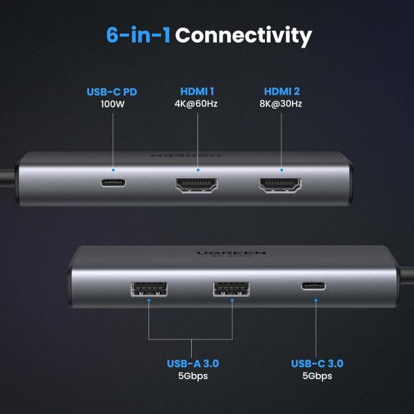 Revodok 206 Docking Station 6 in 1 USB C Dock Dual HDMI-4K@60Hz Single 8K@30Hz 100W PD 5Gbps Data Ports USB C Hub