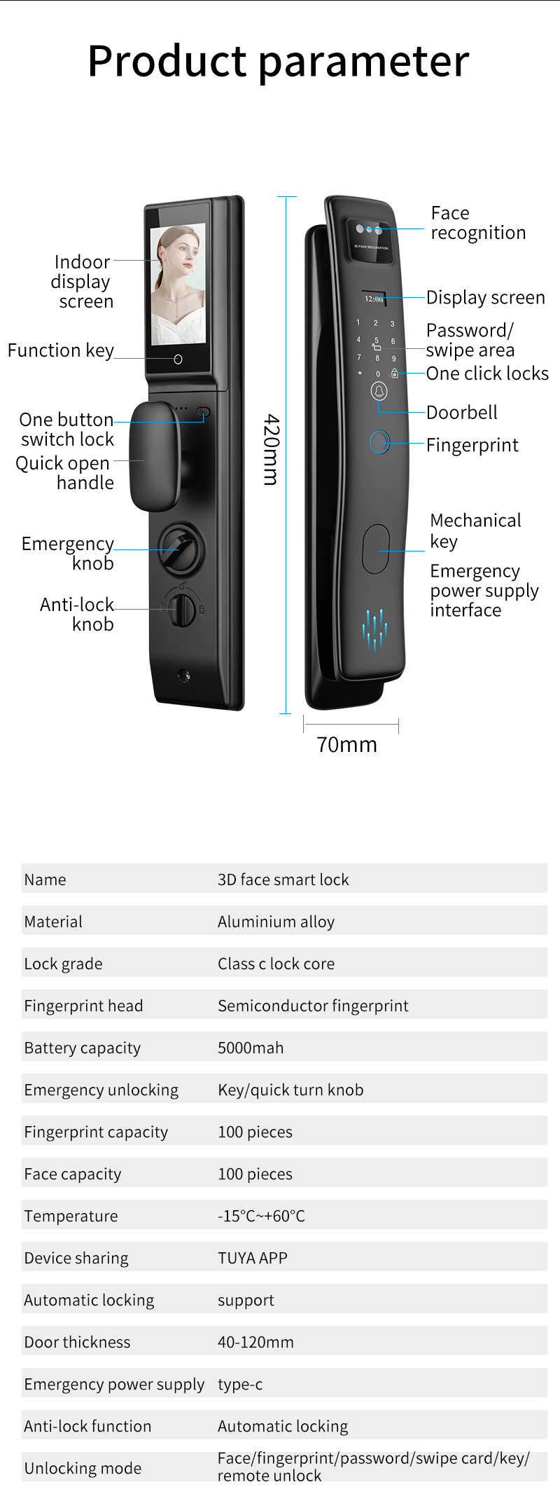 Автоматическая камера 3D распознавания лиц Tuya Smart Lock с видеозвонком S958max Digital Door Lock