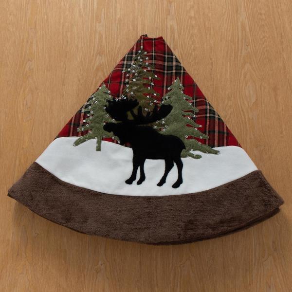 Christmas Tree Skirt, 32 Inches Plaid Tree Skirt with Reindeer, Borwn Faux Fur Border Trim for Xmas Holiday Party Decor