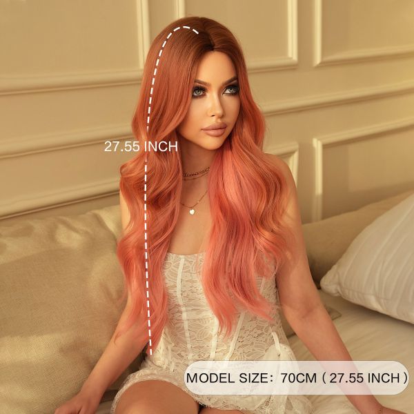 Fashion Long Body Wave Dark Root Hair Pink Synthetic Wigs For Women