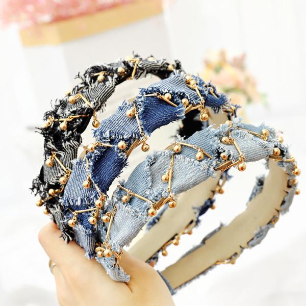 New fabric winding chain headband fashion simple fold monochrome denim fine hair band