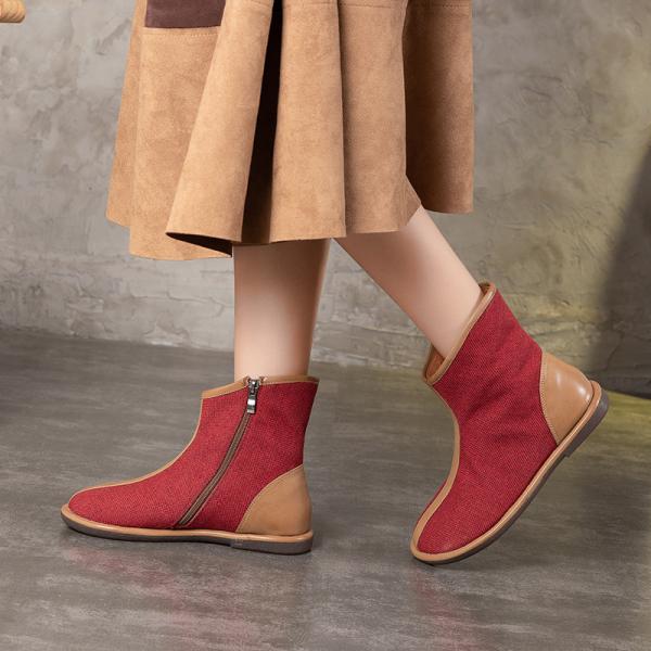 S080 New women's short boots retro handmade leather linen fashion flat bottom mid-cut women's boots