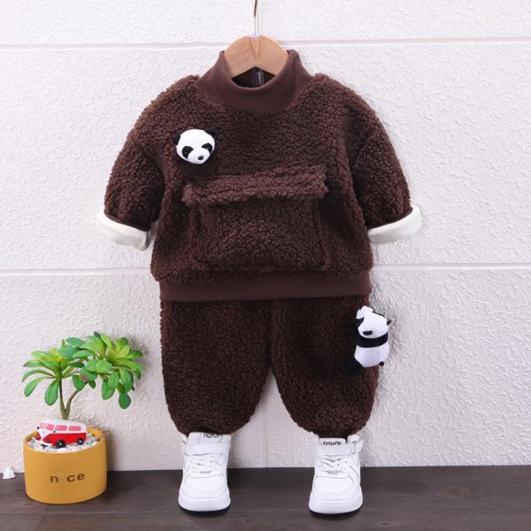 das crianças unisex do inverno de 120cm panda de lãs do cordeiro da roupa grupo de 2 calças da camiseta da parte