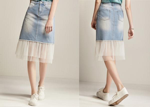 ODM OEM High Waisted Denim Skirt Tulle Mesh PatchedHem Light Indigo Jeans Wrap Skirt