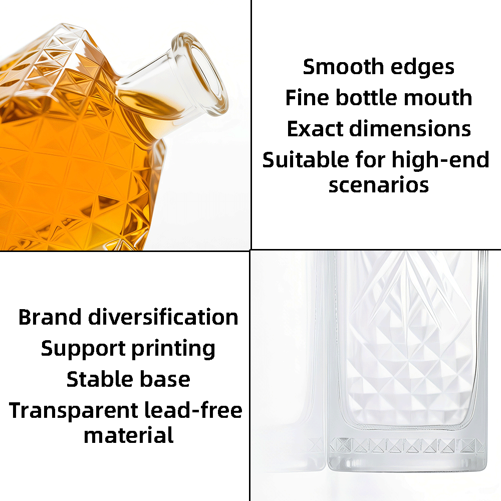 750ml Diamond Texture Square Glass Liquor Bottle For Whiskey Brandy Spirit Decanter