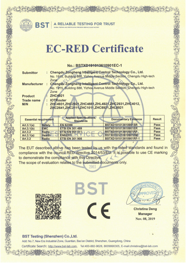 Chengdu Zongheng Intelligence Control Technology Co., Ltd. Сертификации