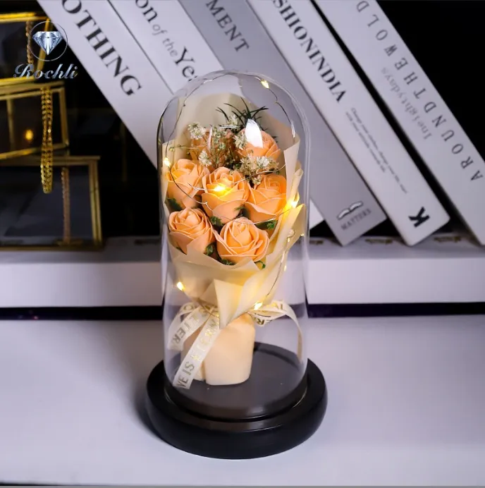 Fabrique en gros Ins artificiel LED fleurs décoratives anniversaire Dôme de verre Rose Bouquet Saint-Valentin Rose de savon de qualité