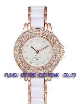 Ladies watch  white bracelet metal  band and double circle diamond inset case