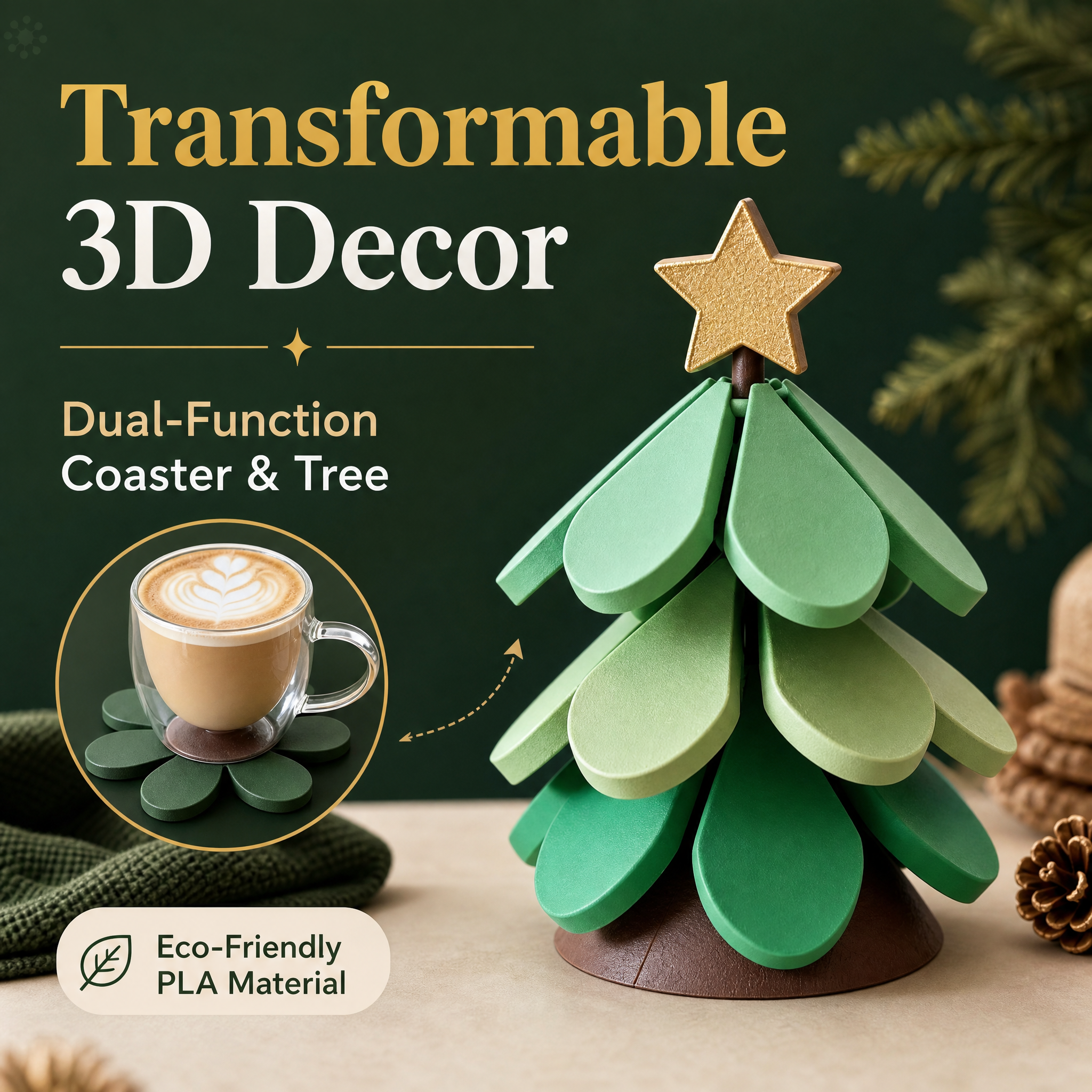 PLA 3D Printed Holiday Decoration Detachable Child Safe Christmas Tree Coaster Mat