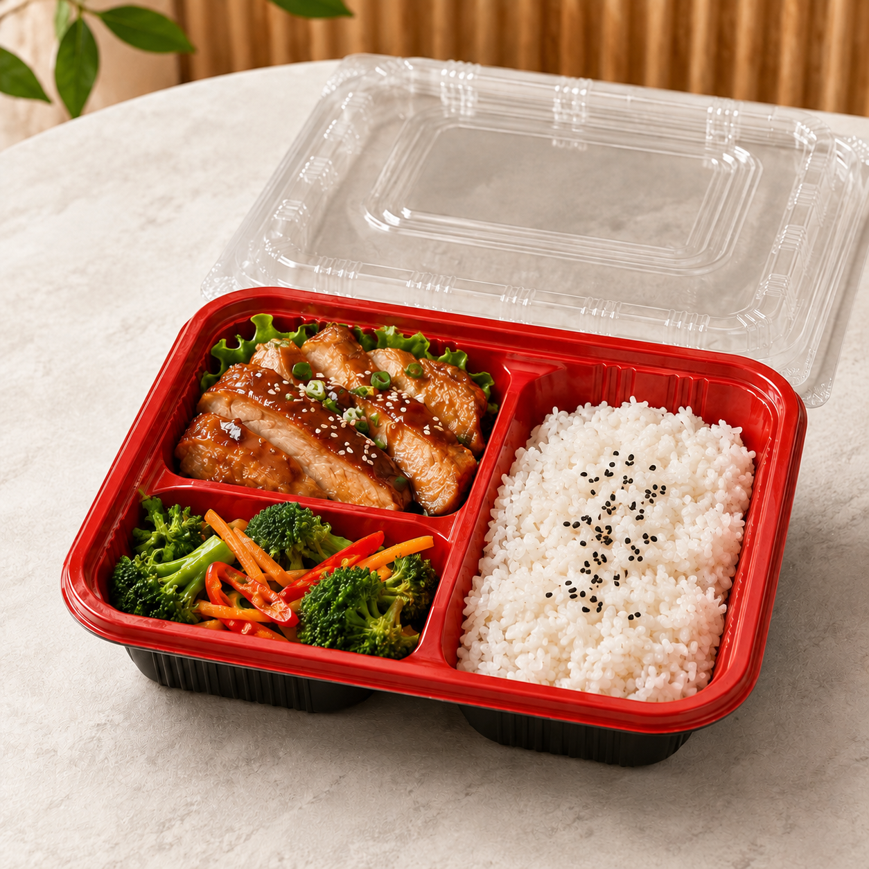 Clear Lid Three Compartment Trays Red Black PP Meal Tray for Takeaway