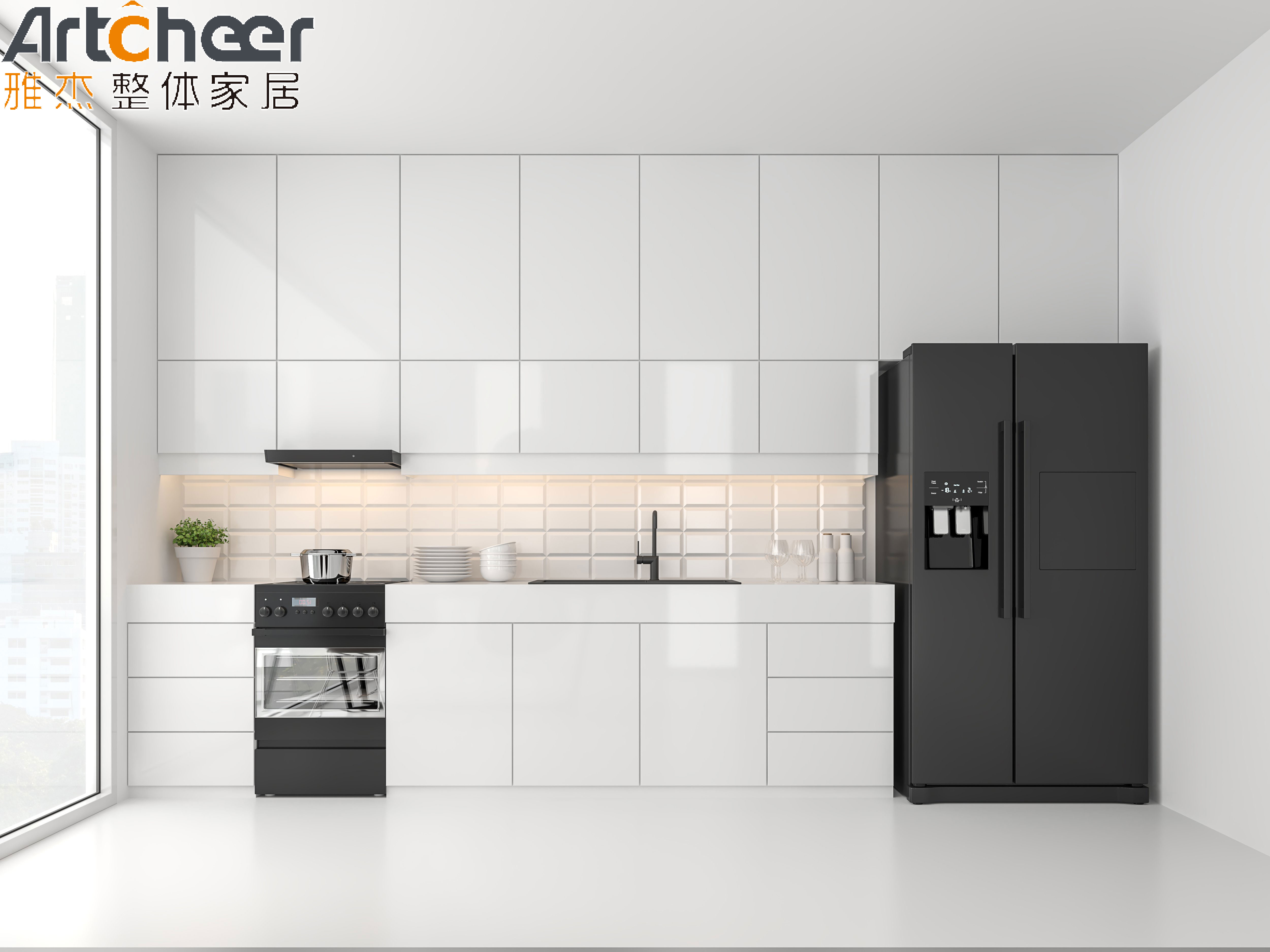 Малый открытый кухонный шкаф с современным высокоблестящим белым шкафом и черным высоким шкафом