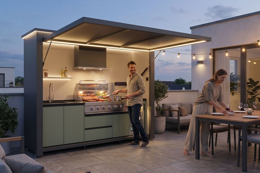 Electric Hydraulic Lift Outdoor Kitchen Pod With Remote Controlled Aluminum Canopy