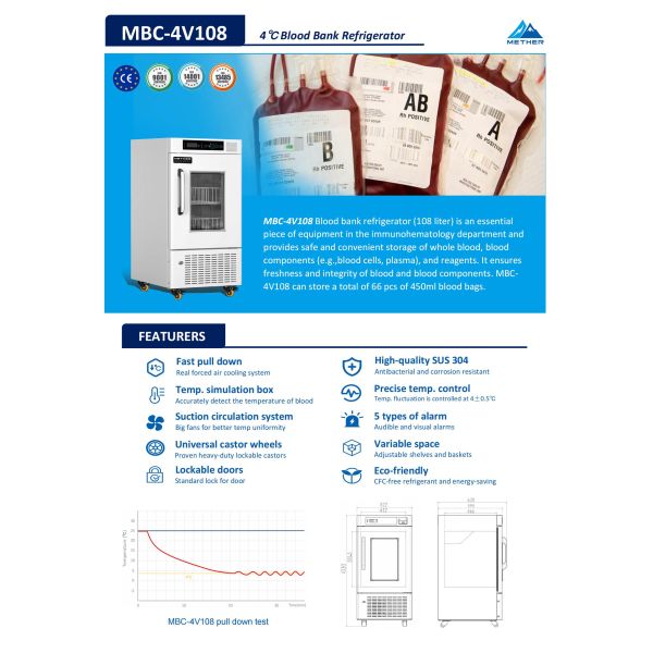 Refrigerador de almacenamiento de sangre de alta precisión MBC-4V108 Control de temperatura seguro y estable para bancos de sangre
