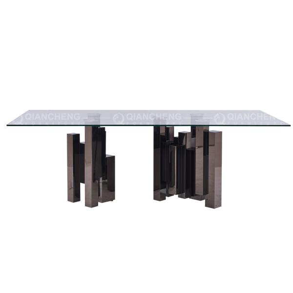 Claramente mesa de jantar de vidro de 15mm e base de aço inoxidável preta das cadeiras
