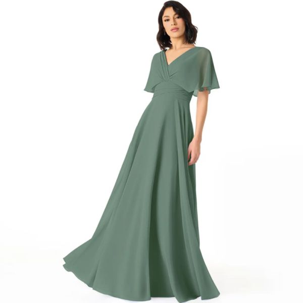 Vintage Elegant A-Line V-Neck Pleated Chiffon Floor-Length Bridesmaid Dress V-back Short Sleeves Pleated