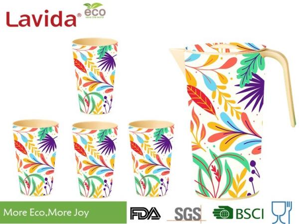 Outdoor Indoor Bamboo Water Jug Melamine Beverage Pitcher Unbreakable With Colorful Prints and Customized logo