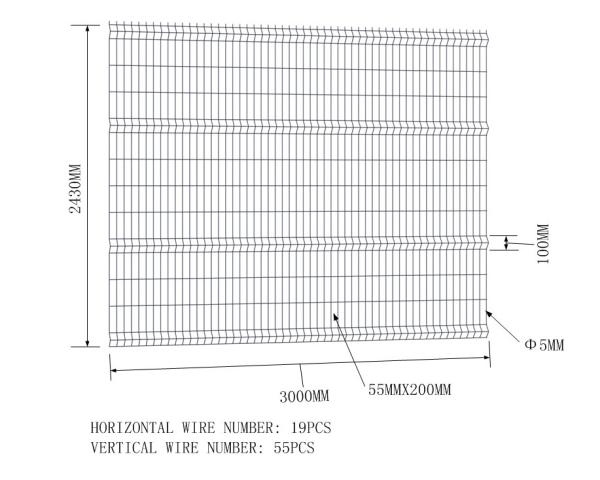 Weld Wire Mesh Fence 2430mm x 3000mm V fold Available hot dipped galvanized powder coated Mesh 50mm x 200mm Dia :5.00mm