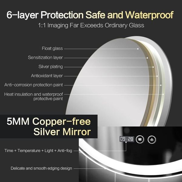 Waterproof Smart Round Bathroom Mirror Anti Fog LED Illuminated Wall Mirror With Touch Switch