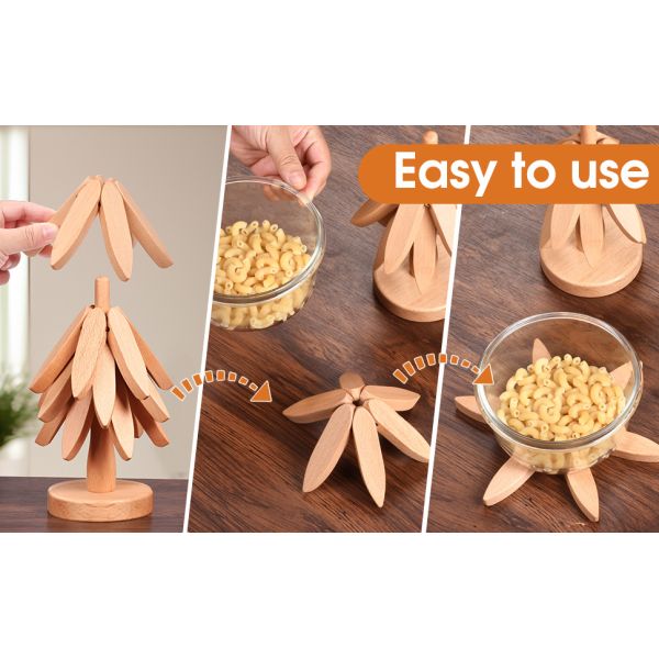 Silk-screen Printed Beech Wood Coaster and Holder for Hot Dishes Tree Shape Trivet Set