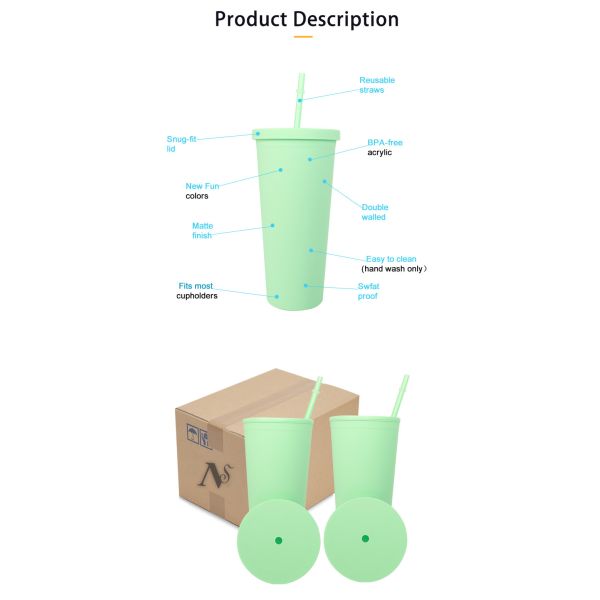 Lightweight  Candy Color Skinny 22 Oz Plastic Tumbler Clear Double Wall Acrylic Tumblers With Straw 450/700ml Large Capacity Leak Proof Design