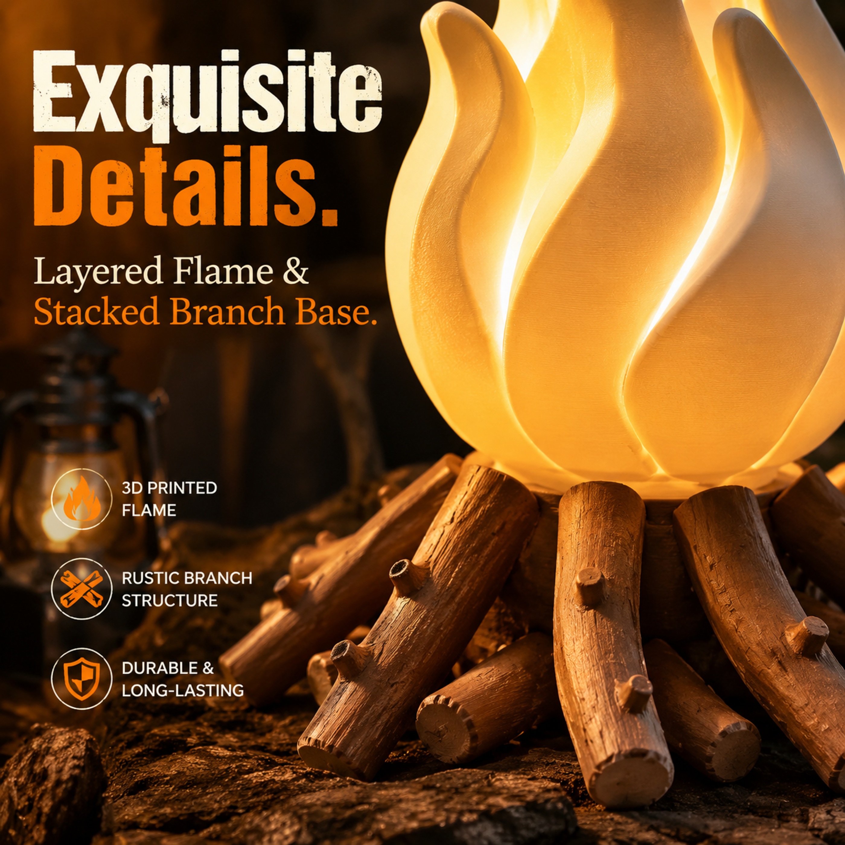 Campfire Flame 3D Printed Lighting Fixtures, Warm LED Table Night Light