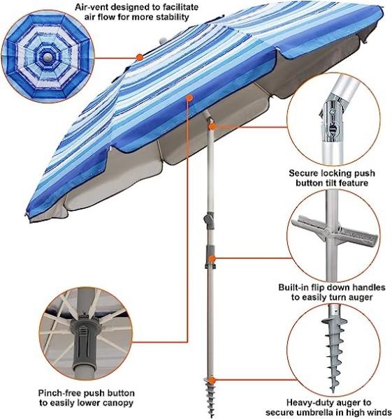 Portable Beach Umbrella With Sand Anchor, Tilt Pole, Carry Bag, Air Vent, Heavy Duty Wind Portable