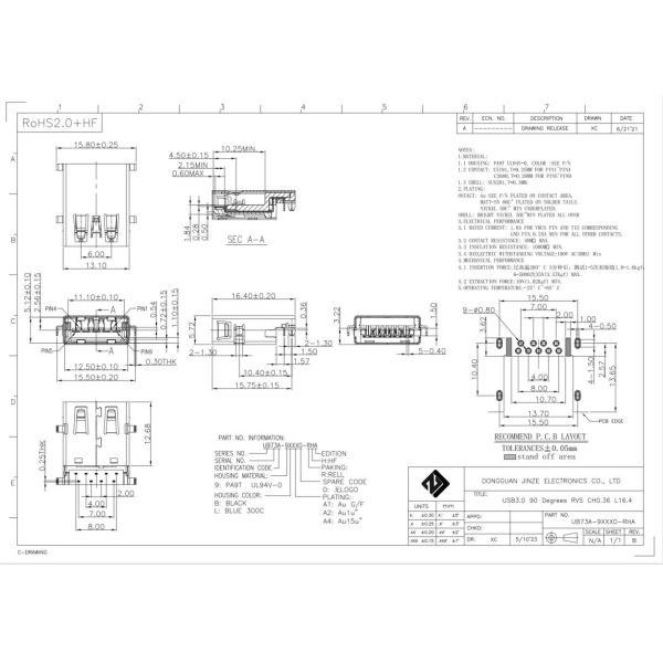 CH0.36mm USB3.0 A Solder Female DIP USB Connector Socket RVS 90 Degrees 9Pins Blue 300C