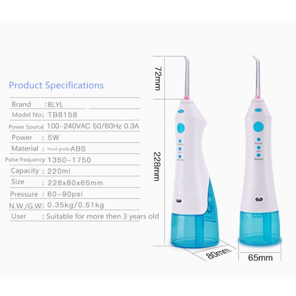 Professional Dental Oral Irrigator , Rechargeable Water Jet Flosser Teeth Pick Cleaner Tooth Spa