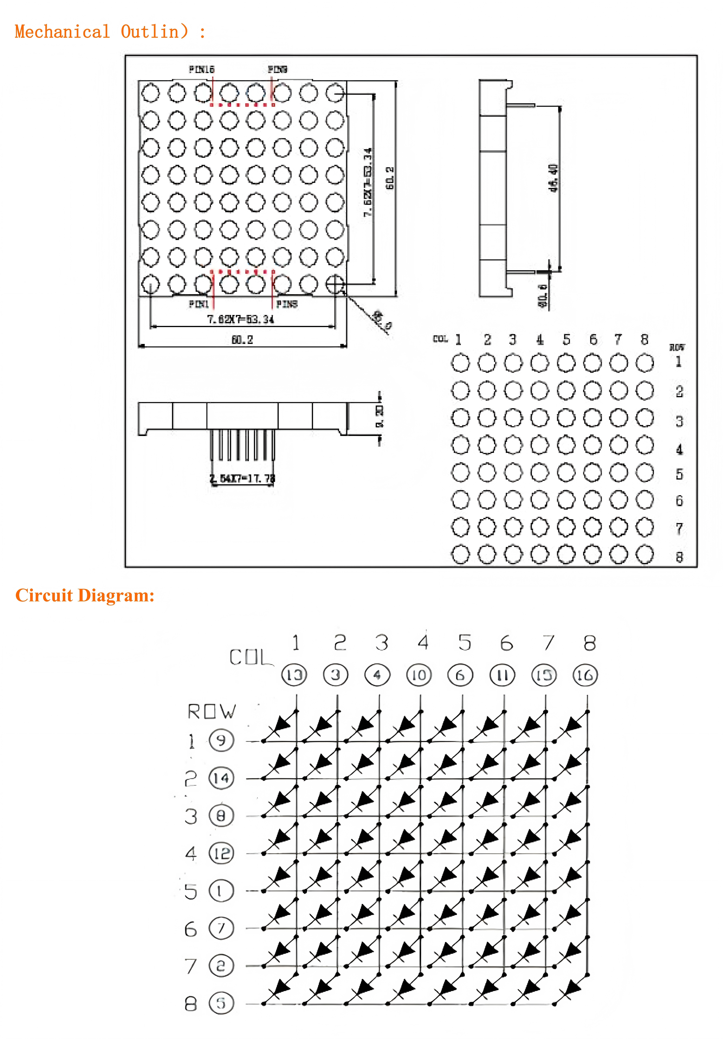 60.2x60.2mm 8x8 LED Dot Matrix Display Module Round 5.0mm (Ultra Bright Red/Green/Blue/RGB, Common Anode/Cathode)