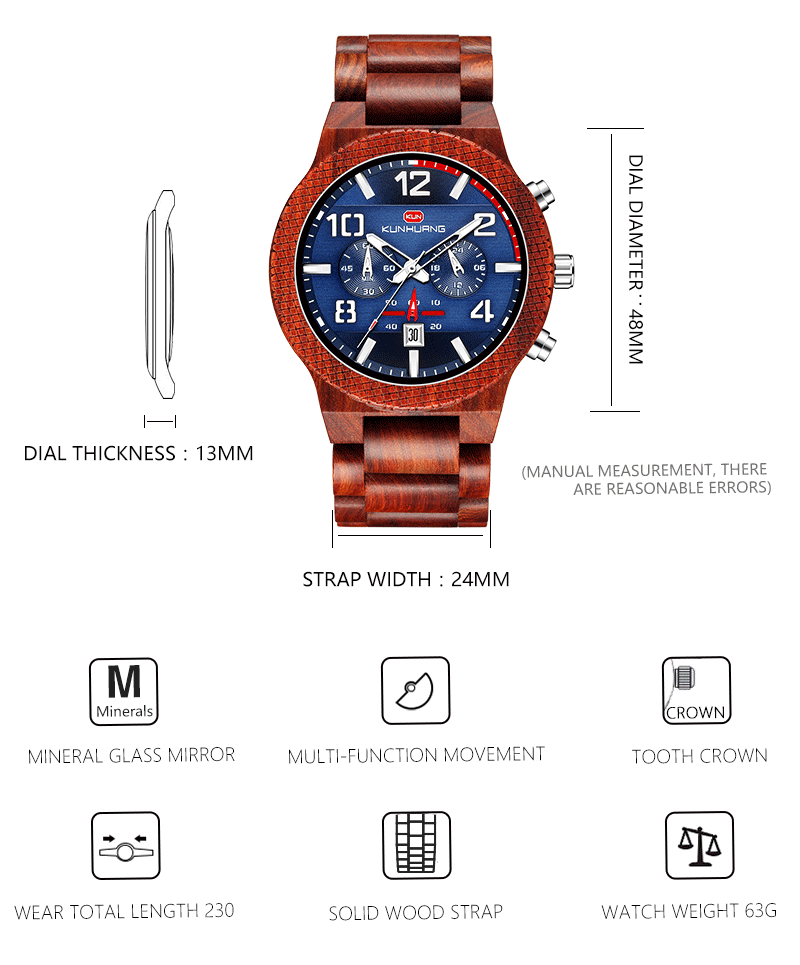 Man Red Sandel Wooden Quartz Watch Blue Dial Luminous Water Proof 1015-3