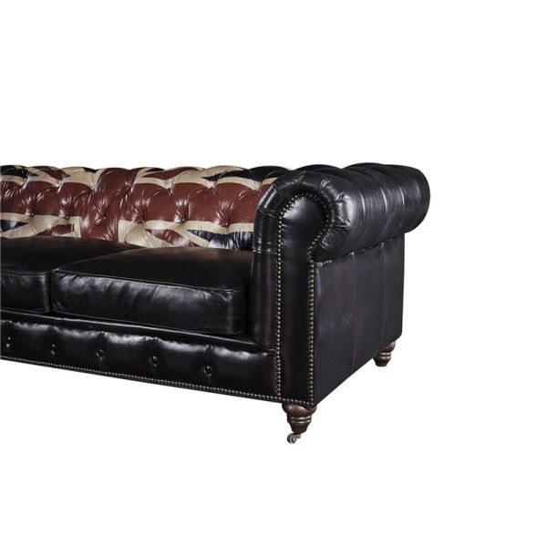 Europe Retro Black Three Seater Leather Chesterfield Couch With Union Jack